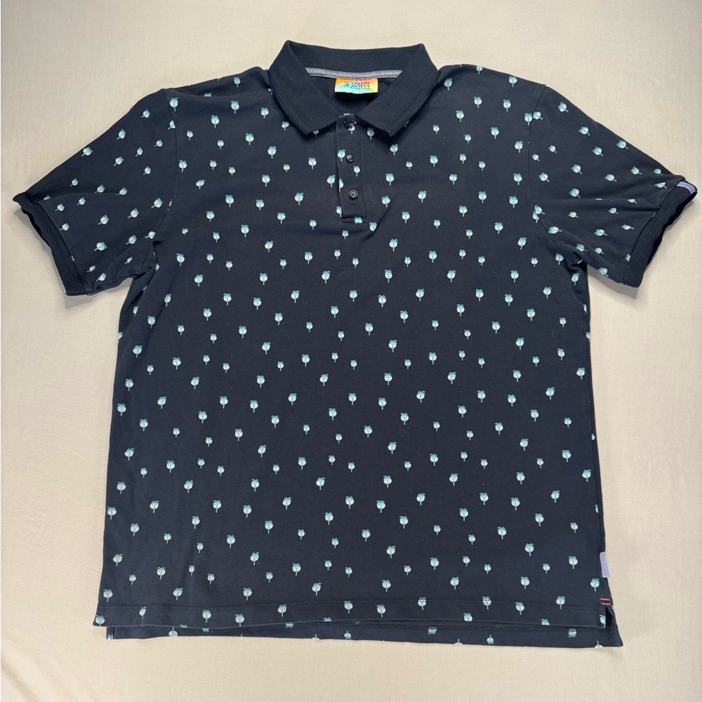 Scotch & Soda Amsterdam Polo Shirt Mens Medium Navy Palm Tree Print Cotton Polo